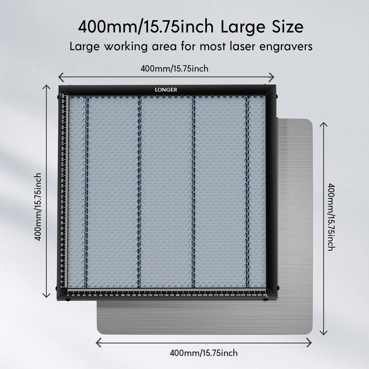 longer honeycomb laser bed, 400 x 400 mm shown in use