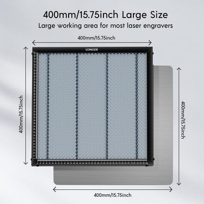 longer honeycomb laser bed, 400 x 400 mm shown in use