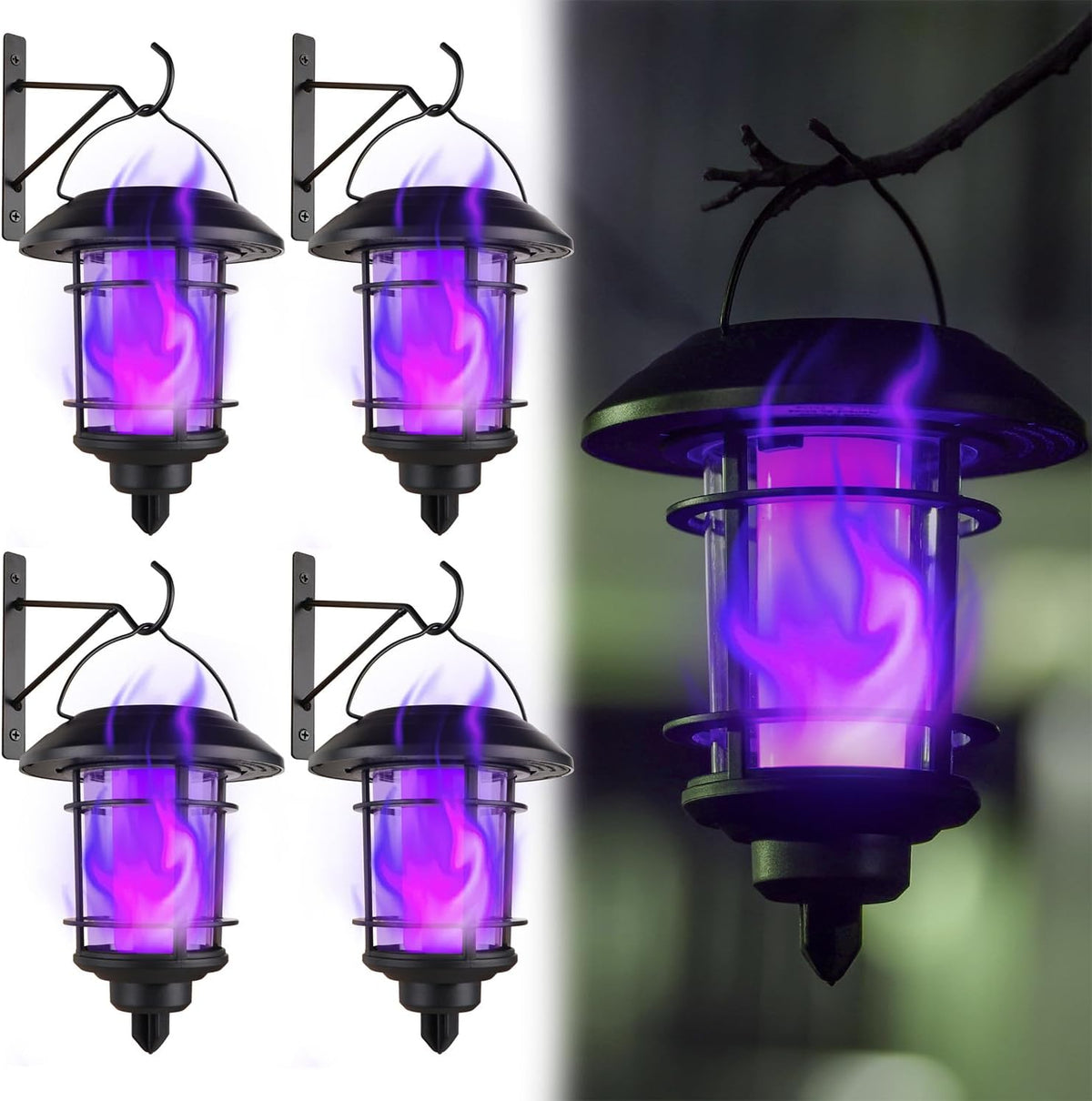 Dynaming Solar Purple Flame Wall Lanterns, Outdoor Halloween Hanging Lights, Flickering Flame LED Auto On/Off Wall Mounted Sconce Lights with Hooks, Waterproof for Garage Stair Patio Porch, 4 Pack