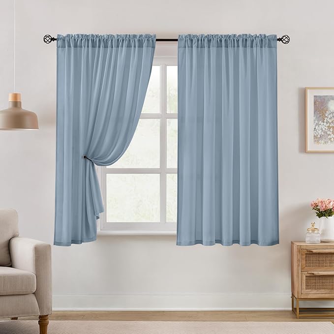 HOMEIDEAS Non-See-Through Stone Blue Privacy Semi Sheer Curtains 63 Inches Long - Image 2