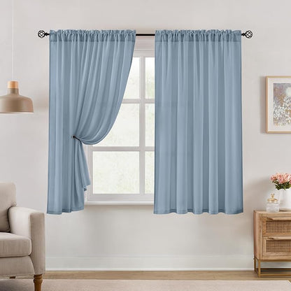 HOMEIDEAS Non-See-Through Stone Blue Privacy Semi Sheer Curtains 63 Inches Long - Image 2