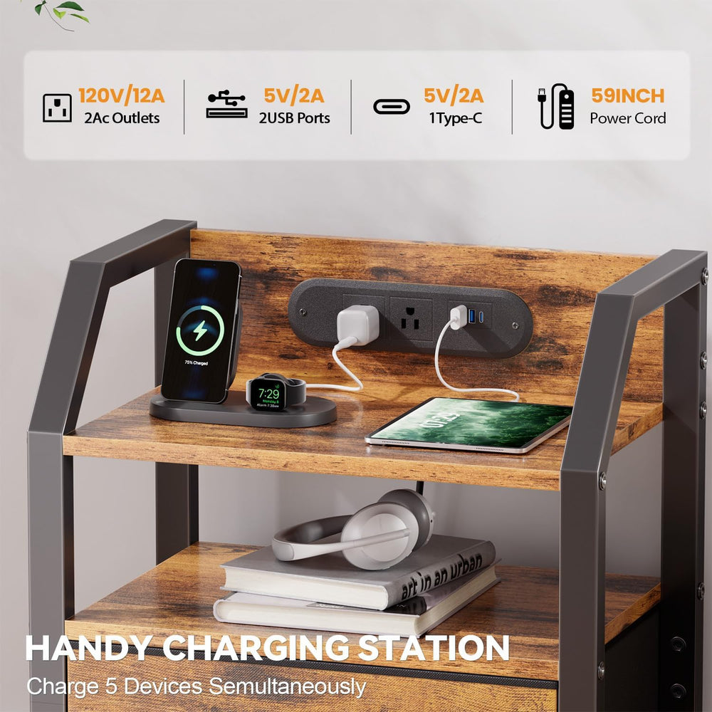 HLDIRECT Nightstand with Built-in Charging Station & Warm LED Light