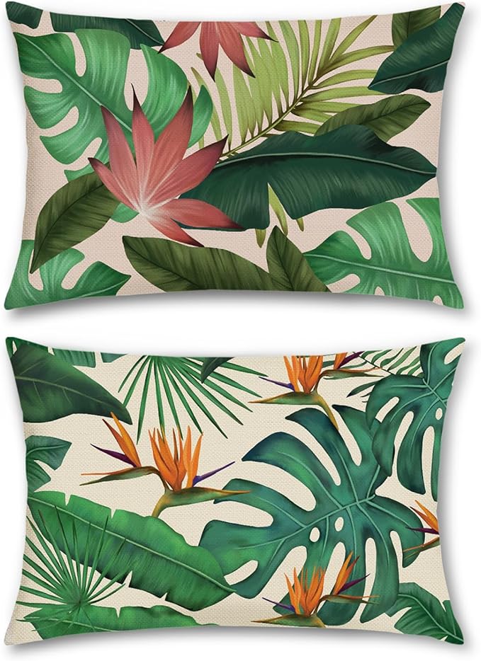 Bonhause Tropical Leaves Throw Pillow Covers 12 x 20 Inch Green Palm Leaf - Image 3