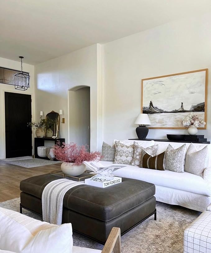 Designer Tan Beige Floral Design on Natural Linen Pillow Cover, Boho Décor - Image 9