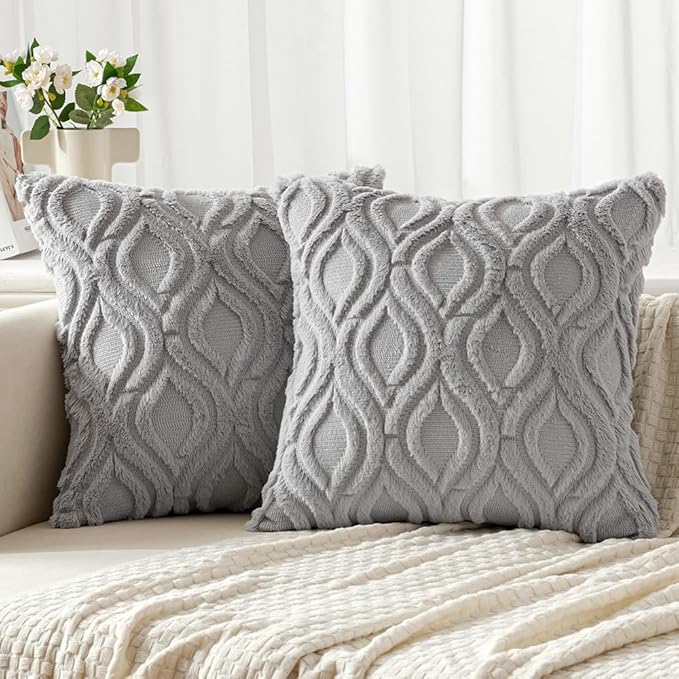 MIULEE Light Grey Throw Pillow Covers 18x18 Inch, Soft Winter Plush Faux Wool by MIULEE