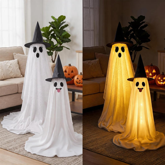 Halloween Decorations Outdoor & Indoor Decor - 2 Pack 59-inch Remote Control Spooky Ghost String Lights with Witch Hats, Halloween Lights for Porch, Yards, Patio, Garden Lawn, Party