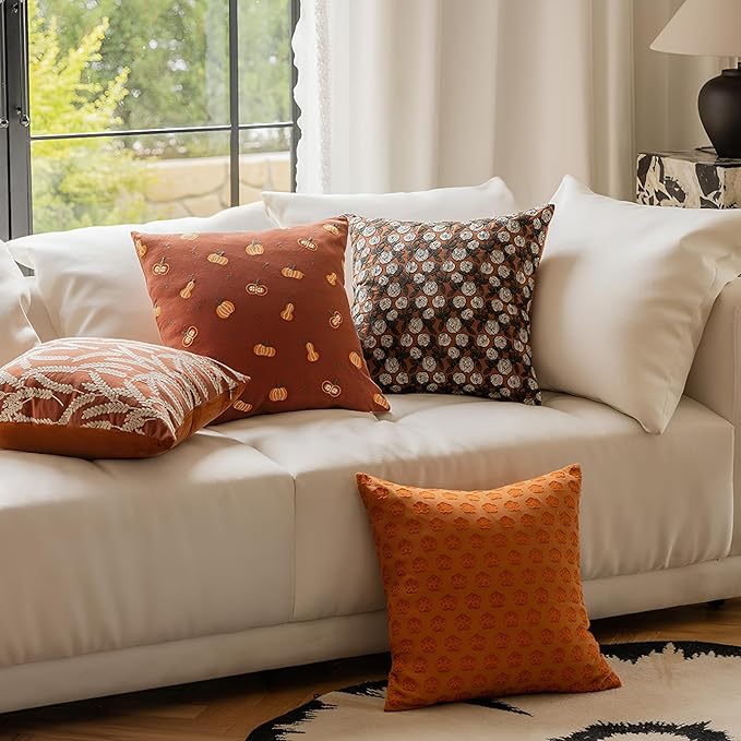 Autumn Themed Throw Pillow Covers, Pumpkin & Floral Embroidered Decorative - Image 4