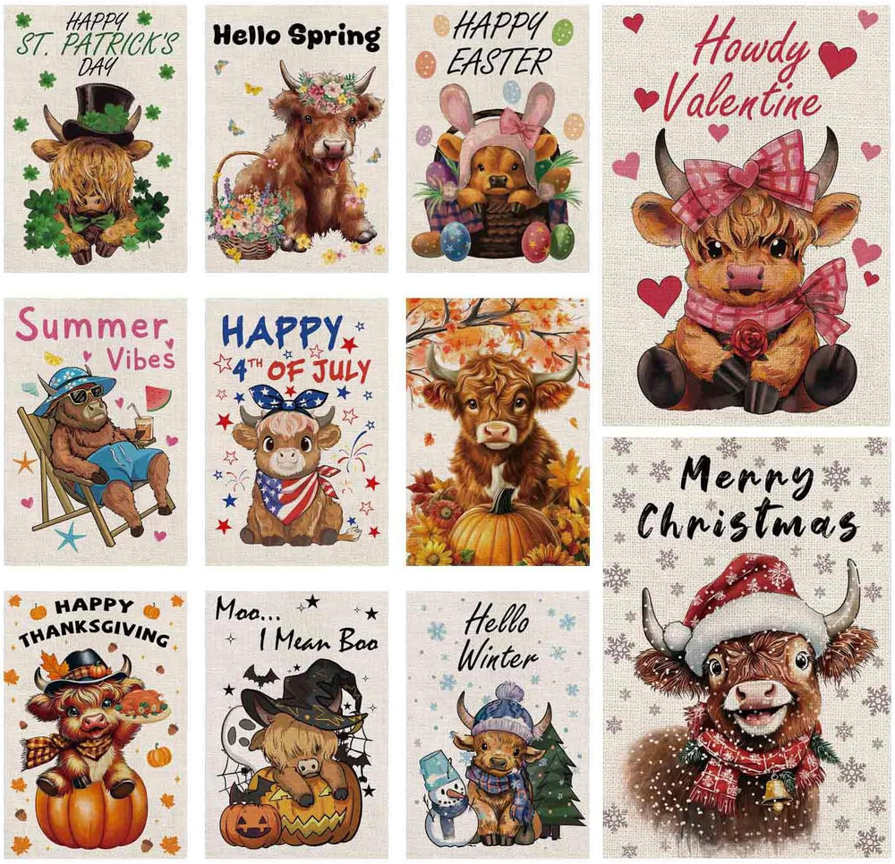 Seasonal Garden Flags - Funny Highland Cow Double Sided Flags Set of 11 Holid...