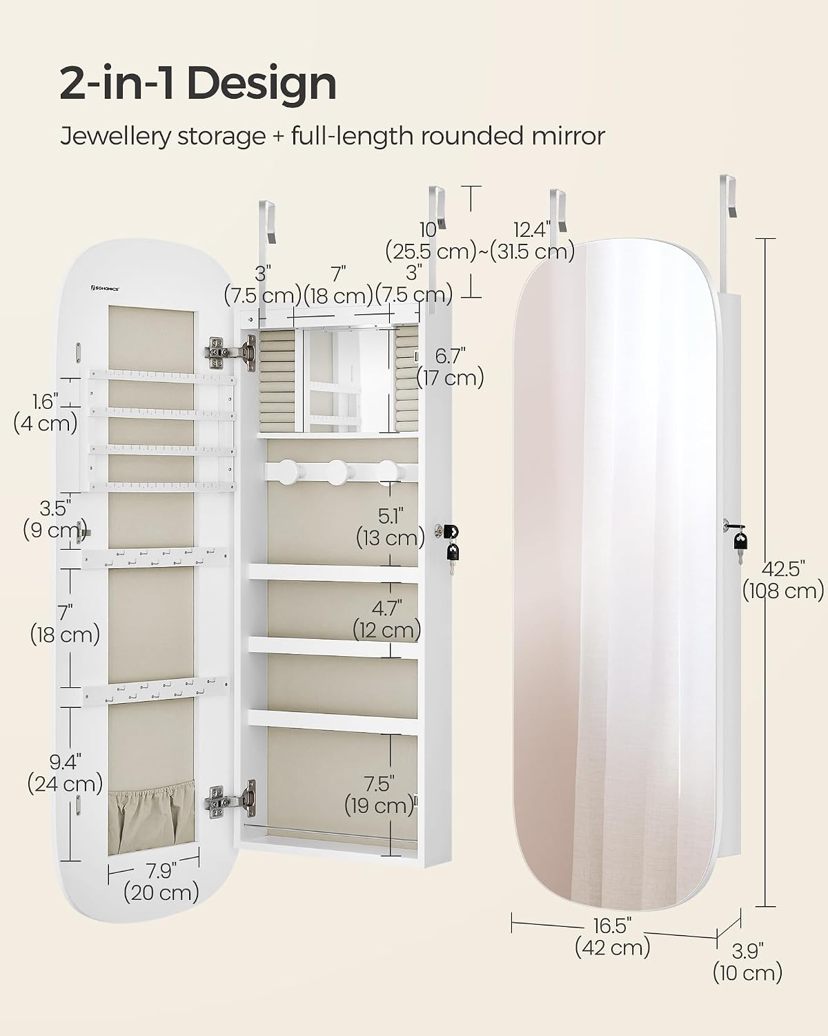 songmics jewelry organizer, led jewelry cabinet, wall/door mounted, package contents