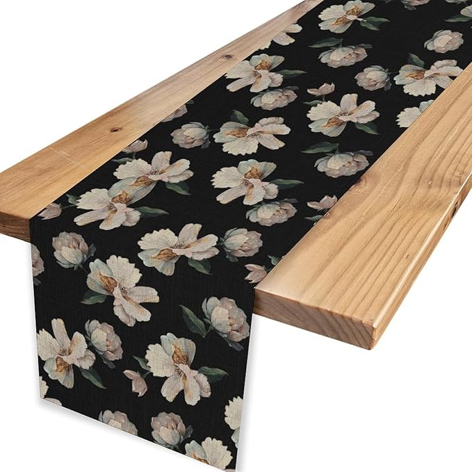Dark Floral Table Runner, Abstract White Flower Seasonal Coffee Table Center - Image 4