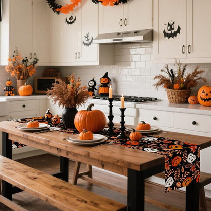Happy Halloween Table Runner Fall Autumn Yellow Maple Leaves Pumpkin - Image 2