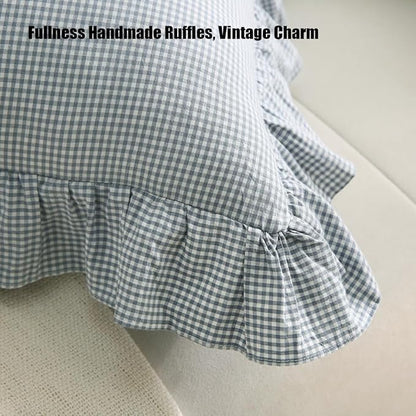 Blue/White Plaid Ruffle Throw Pillow Covers Vintage Checkered Gingham 20"x20" - Image 4