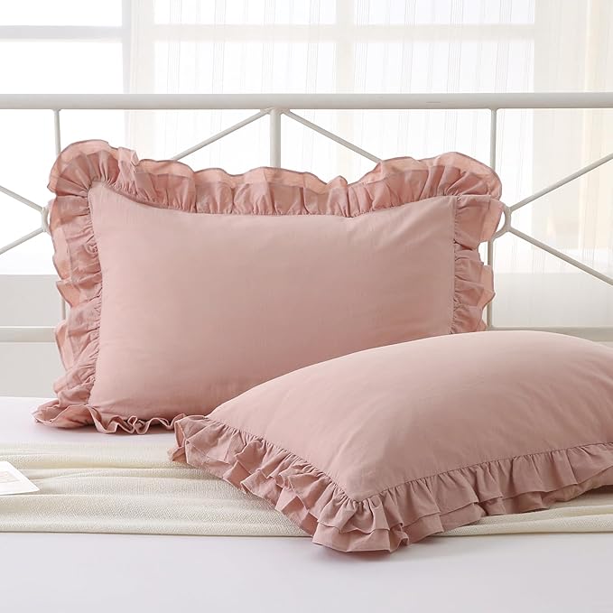 2 Pack Dust Pink Ruffle King Size Pillow Covers, 100% Washed Cotton Envelope by KMASANIJI