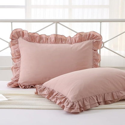 2 Pack Dust Pink Ruffle King Size Pillow Covers, 100% Washed Cotton Envelope by KMASANIJI