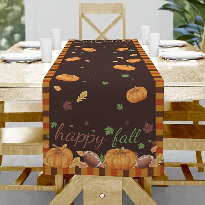Happy Fall Pumpkin 13x36 inch Rustic Floral Linen Table Runner by Hliyty