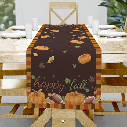 Happy Fall Pumpkin 13x36 inch Rustic Floral Linen Table Runner by Hliyty