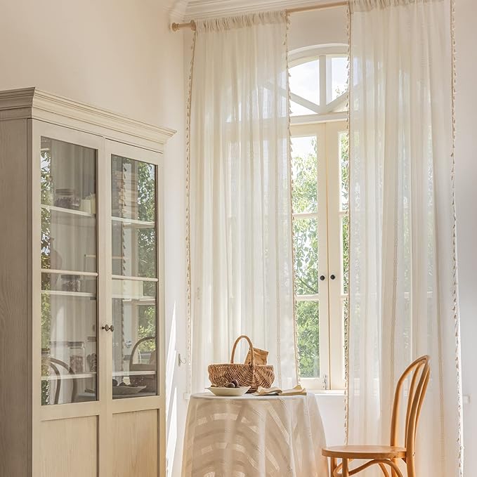 ENJOYBRIDAL Off White Curtains 96 Inch Length 2 Panels Boho Semi Sheer Drapes - Image 4