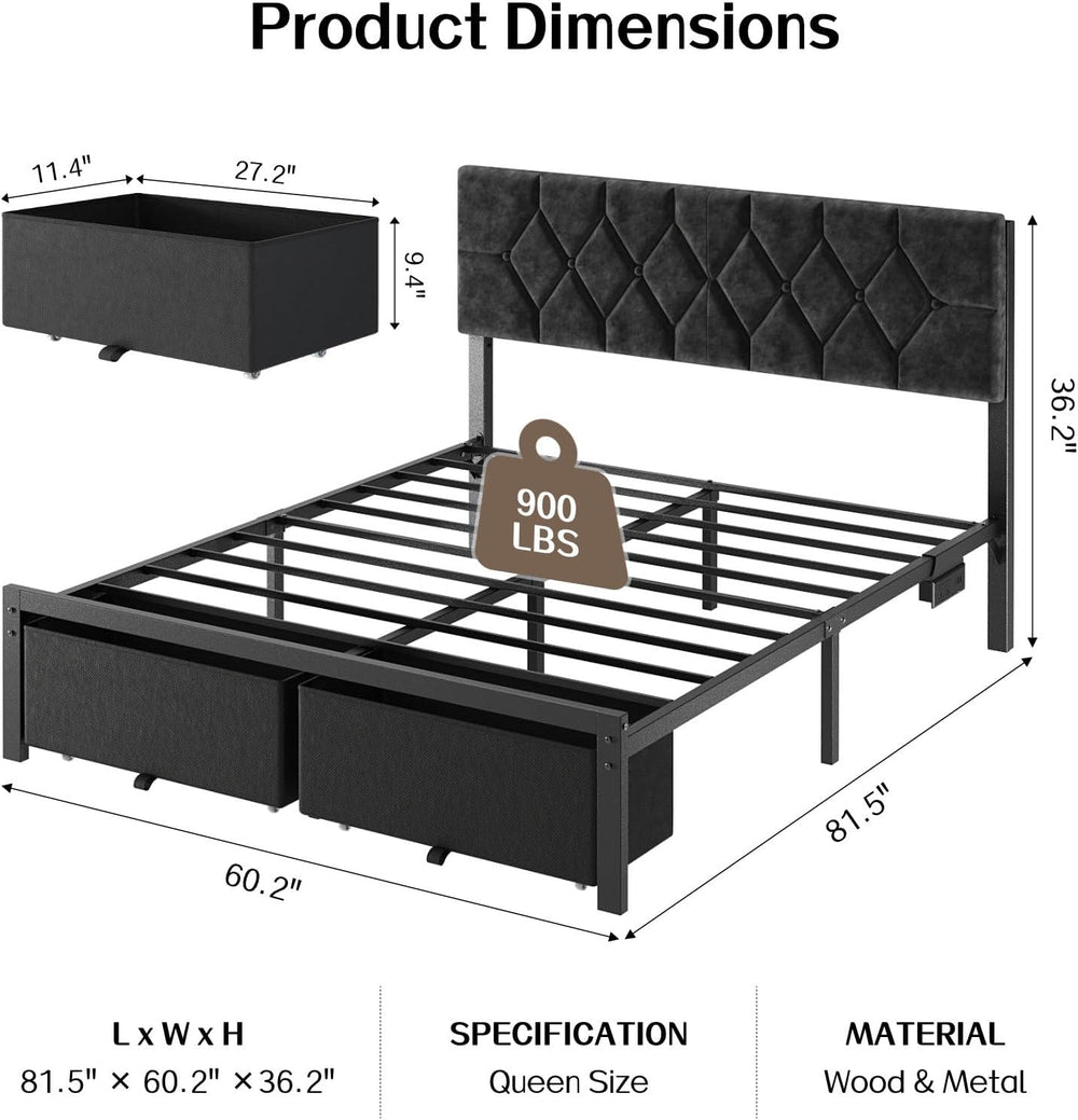 Queen Size Bed Frame with 2 Storage Drawers & Upholstered Headboard