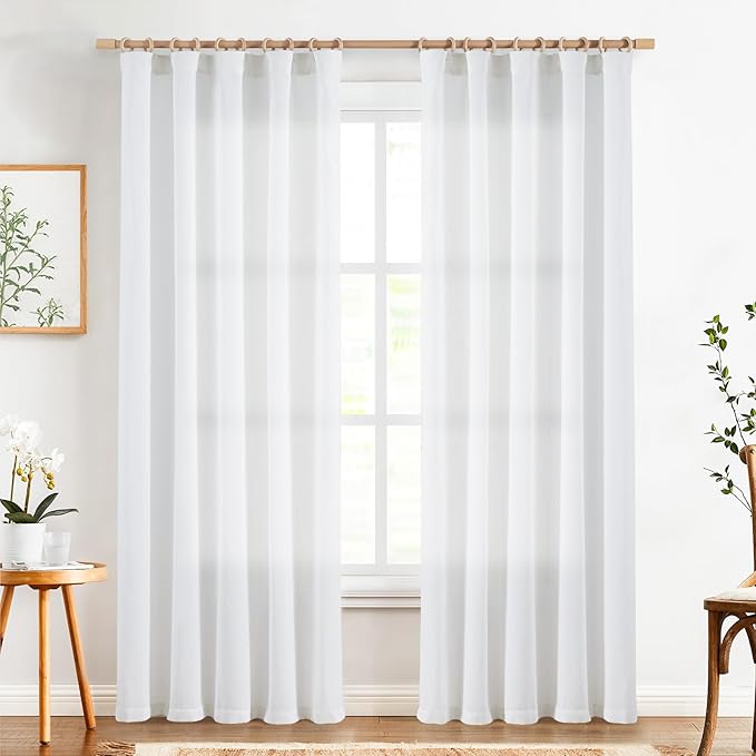 jinchan White Linen Curtains 84 Inchs Length Light Filtering Semi Sheer Curtains - Image 2
