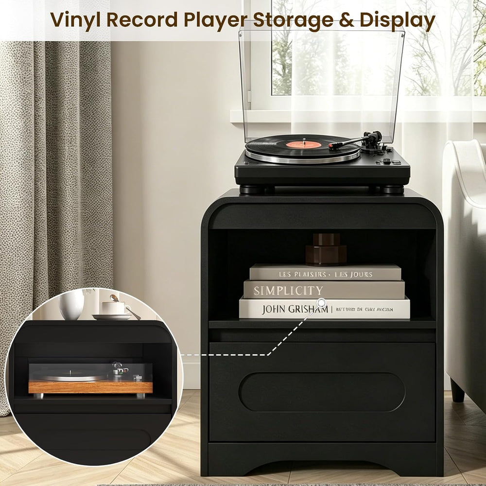 Wood Nightstand with Drawers, Curved Bedside Side End Table w/Open Storage