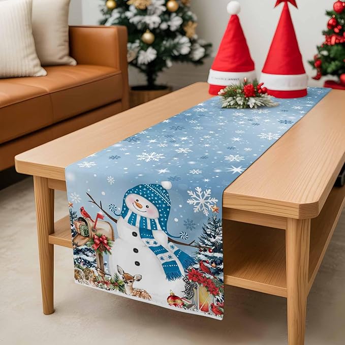 Blue Snowman Christmas Table Runner, 18x72 Inch, Xmas Tree Table Runners Elk - Image 8