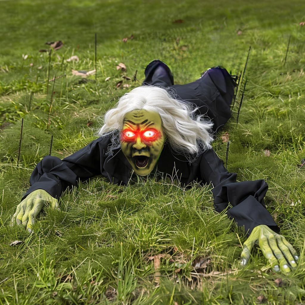 Hourleey Halloween Outdoor Decorations, Animated Zombie Groundbreaker Climbing Prop with Lighted Eyes and Scary Sound, Halloween Decor for Graveyard Haunted House Indoor Lawn Yard