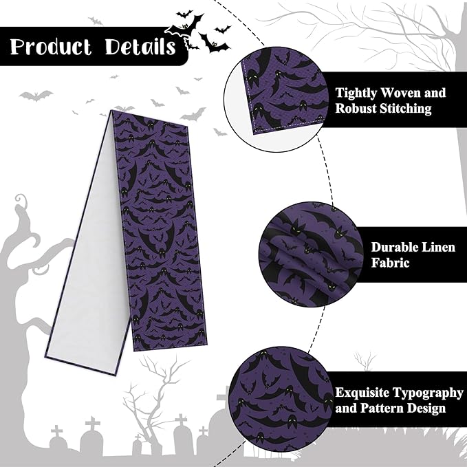 Happy Halloween Table Runner Horror Purple Bats Seasonal Holidays Indoor - Image 6