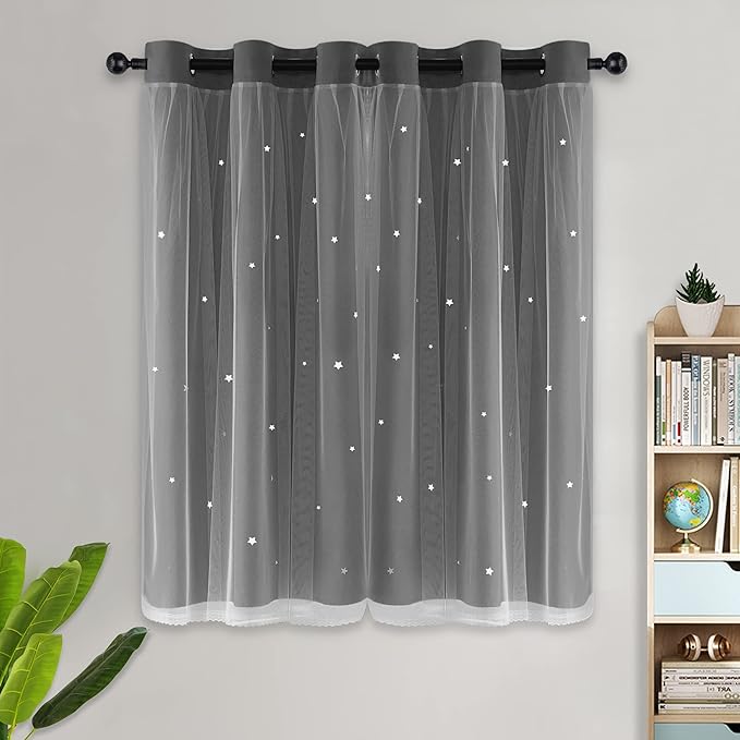 Kinryb Grey Star Cut-Out Blackout Kids Curtains Double Layer Noise Reducing - Image 2