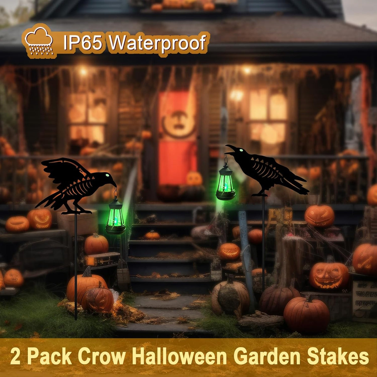 Solar Halloween Decorations Outdoor,2 Pack Metal Black Crow Yard Sign Stake