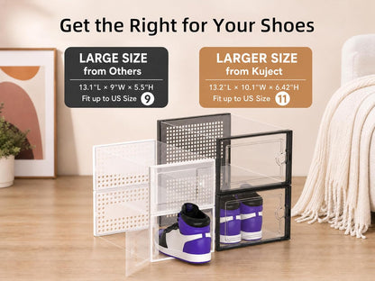 kuject x-large shoe storage boxes 12 pack, clear, close-up detail