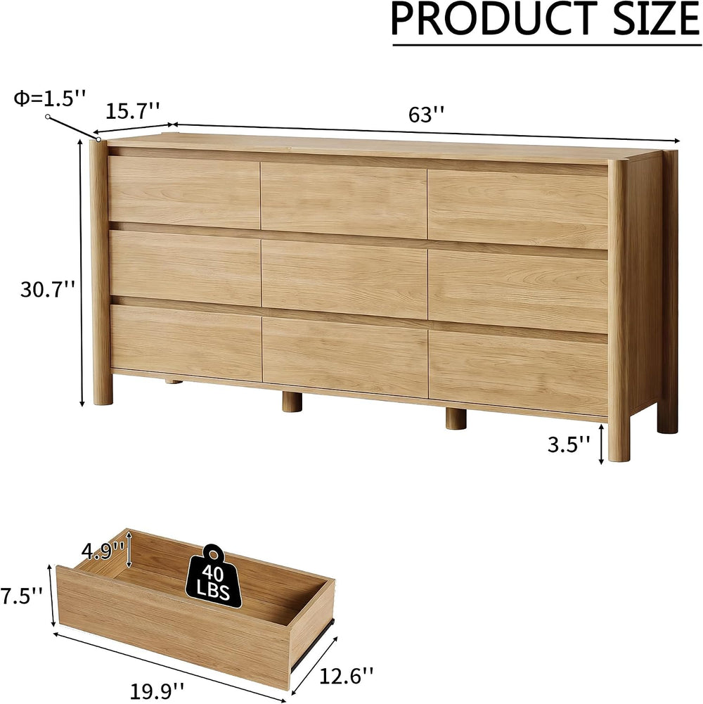 HOUROM Oak Dresser for Bedroom,63" Wide 9 Drawer Mid Century Modern Chest