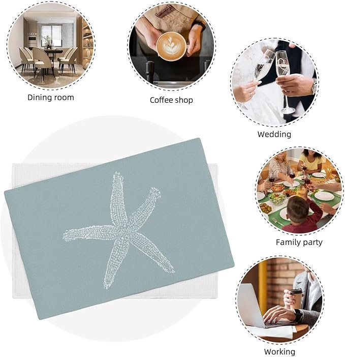 Summer Coastal Placemats Set of 4, Beach Theme Ocean Seafoam Blue Starfish - Image 7