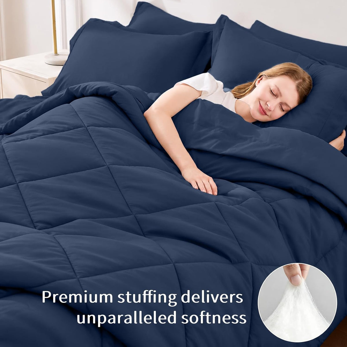 fuanna full size comforter sets 7 pcs, navy shown in use