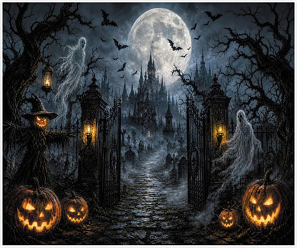 Halloween Graveyard Castle Backdrop 10x8ft, Spooky Ghost Pumpkin Gothic Haunted House Photography Background, Full Moon Night Bat Scarecrow Banner, Horror Halloween Party Decor Photo Booth Props