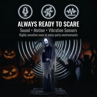 9FT Animated Grim Reaper Halloween Decoration - Sound Activated Halloween Animatronic Outdoor with Movement, Creepy Sounds and Light-Up Head, Giant Scary Reaper Prop, for Yard Porch Haunted House