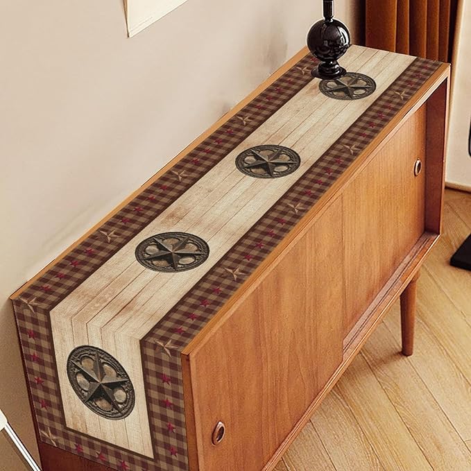 Western Table Runner, Rustic Texas Star Wooden Plank Buffalo Plaid Farmhouse - Image 3
