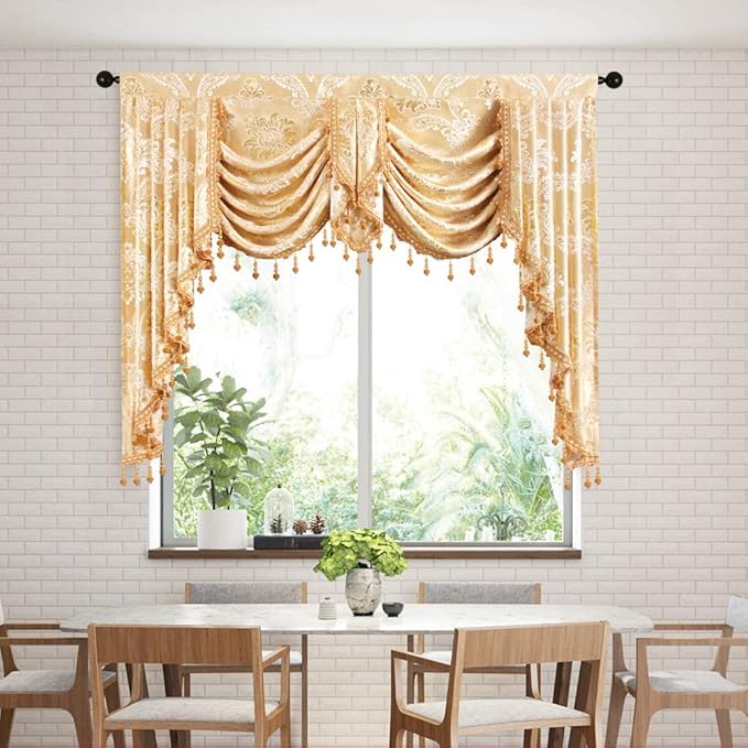 ELKCA Golden Jacquard Swag Waterfall Valance Luxury Curtain Valance by ELKCA