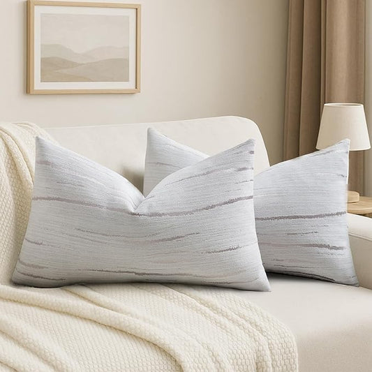 HAUSSY Crey Throw Pillow Covers 12x20 Inch Set of 2, Boho Embossed Striped by HAUSSY