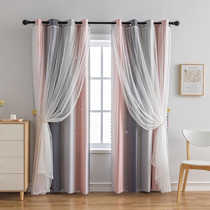 Star Girl and Kids Curtains for Bedroom Rainbow Ombre Double Layer Cute Shot - Image 6