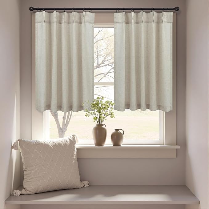 Burlap Kitchen Curtains Over Sink Window Set 30 Inch Length Pinch Pleated Small - Image 6