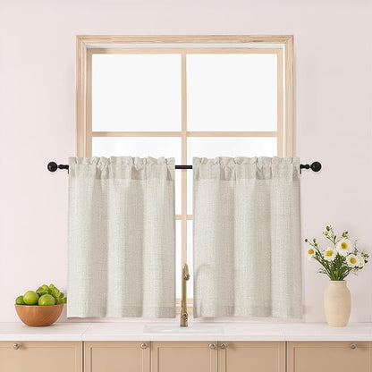 Gwine Natural Kitchen Curtains 30 Inch Length, Light Filtering Faux Linen by Gwine