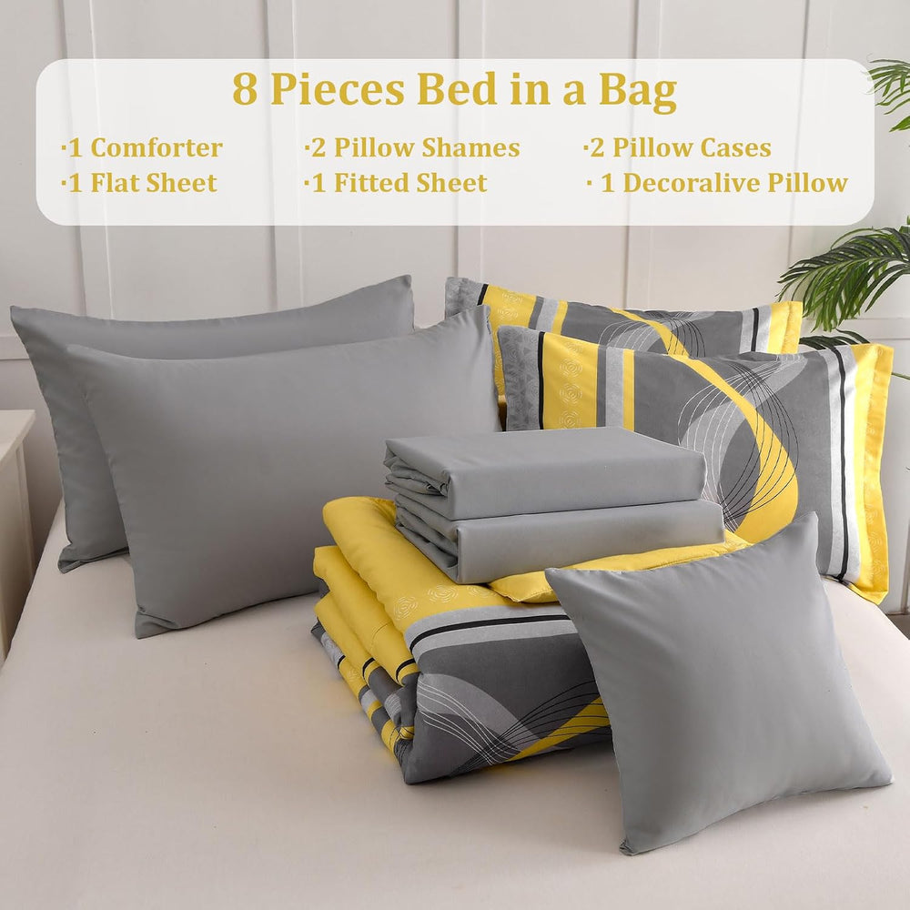 Anibedding Yellow and Grey Comforter Set King Size,8 Pieces Bed in a Bag Patc...
