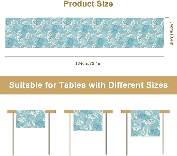 Ocean Seaweed Coral Table Runner Beach Blue Nautical Starfish Coral Table Runner - Image 3