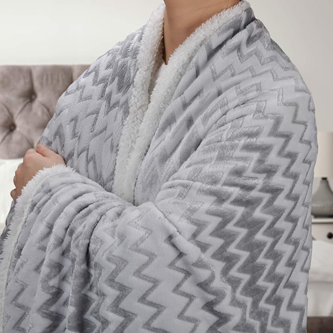 Catalonia Silky Soft Grey Sherpa Throw Blanket, Flannel Chevron Micro Plush - Image 3