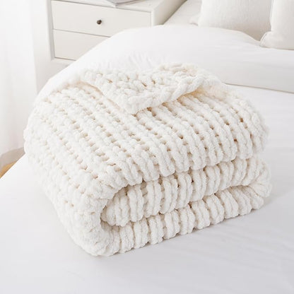 Battilo Cream Chunky Knit Throw Blanket, Soft and Thick White Chenille Throw by Battilo