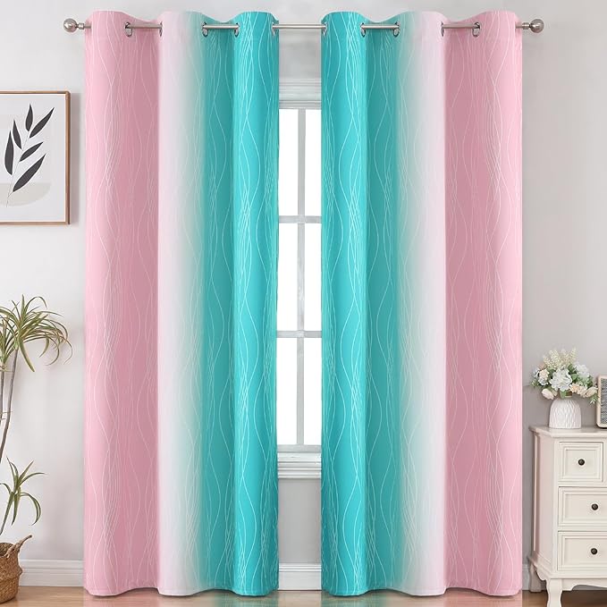 Estelar Textiler Pink and Teal Ombre Blackout Curtains - Image 2