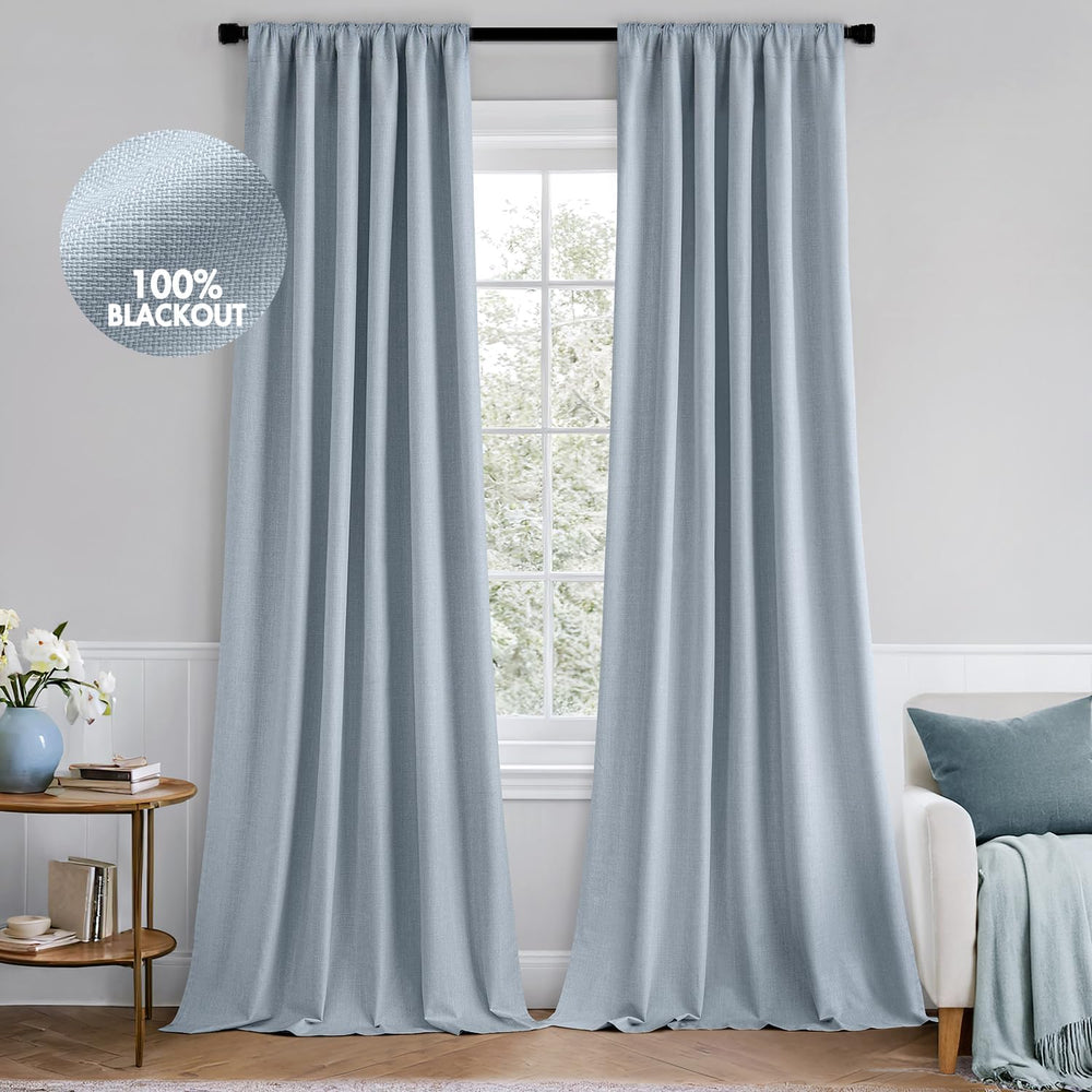 MIULEE 100% Blackout Back Tab Pleat Linen Curtains 50" Wx84 L,Chambray Blue