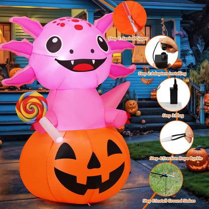 COMIN 5 FT Halloween Inflatables Axolotl Pumpkin Outdoor Decorations Blow Up Yard with Built-in LEDs for Indoor Party Garden Lawn Decor