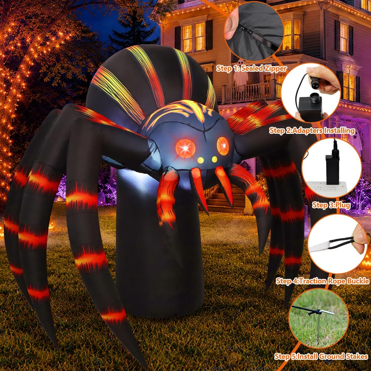 COMIN 7FT Halloween Inflatables Orange Stripe Spider Yard Decor with LEDs