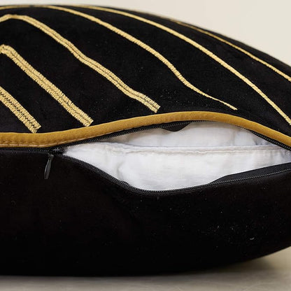 Avigers 20 x 20 Inch Black Gold Striped Geometric Lines Embroidery Velvet - Image 5